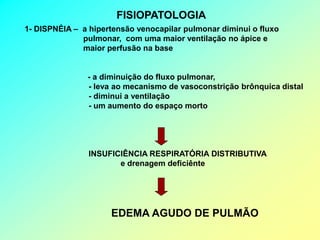 FISIOPATOLOGIA
1- DISPNÉIA – a hipertensão venocapilar pulmonar diminui o fluxo
              pulmonar, com uma maior ventilação no ápice e
              maior perfusão na base


               - a diminuição do fluxo pulmonar,
               - leva ao mecanismo de vasoconstrição brônquica distal
               - diminui a ventilação
               - um aumento do espaço morto




                INSUFICIÊNCIA RESPIRATÓRIA DISTRIBUTIVA
                       e drenagem deficiênte




                     EDEMA AGUDO DE PULMÃO
 