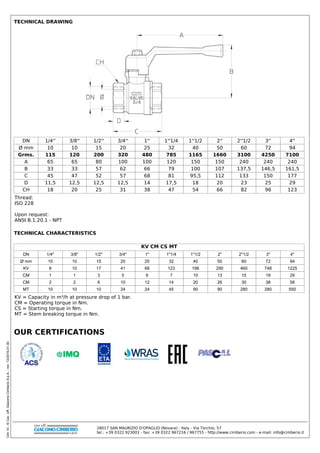 Cim14-©Cav.Uff.GiacomoCimberioS.p.A.-rev:13/2015-01-30
TECHNICAL DRAWING
DN 1/4'' 3/8'' 1/2'' 3/4'' 1'' 1''1/4 1''1/2 2'' 2''1/2 3'' 4''
Ø mm 10 10 15 20 25 32 40 50 60 72 94
Grms. 115 120 200 320 480 785 1165 1660 3100 4250 7100
A 65 65 80 100 100 120 150 150 240 240 240
B 33 33 57 62 66 79 100 107 137,5 146,5 161,5
C 45 47 52 57 68 81 95,5 112 133 150 177
D 11,5 12,5 12,5 12,5 14 17,5 18 20 23 25 29
CH 18 20 25 31 38 47 54 66 82 96 123
Thread: 
ISO 228
Upon request:
ANSI B.1.20.1 - NPT
KV CM CS MT
TECHNICAL CHARACTERISTICS
DN 1/4'' 3/8'' 1/2'' 3/4'' 1'' 1''1/4 1''1/2 2'' 2''1/2 3'' 4''
Ø mm 10 10 15 20 25 32 40 50 60 72 94
KV 8 10 17 41 68 123 198 290 460 748 1225
CM 1 1 3 5 6 7 10 13 15 19 29
CM 2 2 6 10 12 14 20 26 30 38 58
MT 10 10 10 24 24 45 90 90 280 280 550
KV = Capacity in m³/h at pressure drop of 1 bar.
CM = Operating torque in Nm.
CS = Starting torque in Nm.
MT = Stem breaking torque in Nm.
OUR CERTIFICATIONS
28017 SAN MAURIZIO D'OPAGLIO (Novara) - Italy - Via Torchio, 57
tel.: +39 0322 923001 - fax: +39 0322 967216 / 967755 - http://www.cimberio.com - e-mail: info@cimberio.it
 