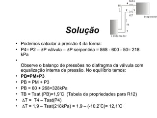 Solução
• Podemos calcular a pressão 4 da forma:
• P4= P2 – P válvula – P serpentina = 868 - 600 - 50= 218
kPa
•
Observe o balanço de pressões no diafragma da válvula com
equalização interna de pressão. No equilíbrio temos:
• PB=PM+P3
• PB = PM + P3
• PB = 60 + 268=328kPa
• TB = Tsat (PB)=1,9C (Tabela de propriedades para R12)
• T = T4 – Tsat(P4)
• T = 1,9 – Tsat(218kPa) = 1,9 – (-10,2C)= 12,1C
C ondensa dor
Eva porador
VET
FR
FR
Bulbo
1
2 3
4
 