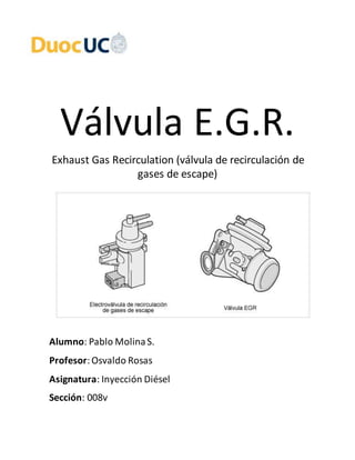 Válvula E.G.R.
Exhaust Gas Recirculation (válvula de recirculación de
gases de escape)
Alumno: Pablo MolinaS.
Profesor:Osvaldo Rosas
Asignatura: Inyección Diésel
Sección: 008v
 