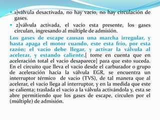 1]válvula desactivada, no hay vacío, no hay circulación de gases.2]válvula activada, el vacío esta presente, los gases circulan, ingresando al múltiple de admisión. Los gases de escape causan una marcha irregular, y hasta apaga el motor cuando, este esta frío, por esta razón; el vacío debe llegar, y activar la válvula al acelerar, y estando caliente.[ tome en cuenta que en aceleración total el vacio desaparece] para que esto suceda. En el circuito que lleva el vacío desde el carburador o grupo de aceleración hacia la válvula EGR, se encuentra un interruptor térmico  de vacio (TVS), de tal manera que al acelerar, el vacío llega al interruptor, y en la medida que este se calienta; traslada el vacío a la válvula activándola y, esta se abre permitiendo que los gases de escape, circulen por el (múltiple) de admisión.