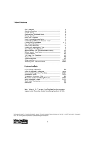 Table of Contents
Flow Coefficient...................................................................... 3
Operating Conditions ............................................................. 3
Specific Gravity...................................................................... 3
Pressure Drop Across the Valve............................................ 4
Flowing Quantity .................................................................... 4
Liquid Flow Equations............................................................ 5
Liquid Pressure Recovery Factor............................................ 6
Combined Liquid Pressure Recovery Factor .......................... 6
Cavitation in Control Valves.................................................... 6, 7
How to Avoid Cavitation.......................................................... 7
Effect of Pipe Reducers .......................................................... 7
Equations for Nonturbulent Flow............................................ 8
Gas and Vapor Flow Equations ............................................. 9
Multistage Valve Gas and Vapor Flow Equations................... 10
Ratio of Specific Heats Factor................................................. 10
Expansion Factor.................................................................... 10
Two Phase Flow Equations.................................................... 11
Choked Flow........................................................................... 12
Supercritical Fluids.................................................................. 12
Compressibility....................................................................... 13-14
Thermodynamic Critical Constants......................................... 15-16
Liquid Velocity in Steel Pipe.................................................... 17
Steam or Gas Flow in Steel Pipe............................................ 18-19
Commercial Wrought Steel Pipe Data .................................... 20-21
Properties of Steam ............................................................... 22-27
Temperature Conversion Table ............................................. 28
Masoneilan Control Valve Sizing Formulas ............................ 29-30
Metric Conversion Tables ...................................................... 31-32
Useful List of Equivalents....................................................... 33
References............................................................................. 33
Note: Tables for Cv, FL, xT and Kc vs Travel are found in publication
Supplement to Masoneilan Control Valve Sizing Handbook OZ1000.
Engineering Data
2
Particulars contained in this publication are for general information only and Masoneilan reserves the right to modifiy the contents without prior
notice. No warranty either expressed or implied is either given or intended.
 