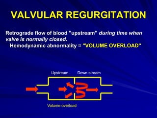 VALVULAR REGURGITATION
Upstream Down stream
Volume overload
Retrograde flow of blood "upstream" during time when
valve is normally closed.
Hemodynamic abnormality = "VOLUME OVERLOAD"
 