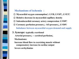 Mechanisms of ischemia ：
 ① Myocardial oxygen consumption↑: LVH, LVSP↑, LVET↑
 ② Relative decrease in myocardial capillary...