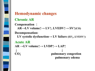 Hemodynamic changes
Chronic AR
Compensation ：
 AR→LV volume↑→ LV↑, LVEDV↑→ SV↑(CO)
Decompensation:
 LV systolic dysfunctio...