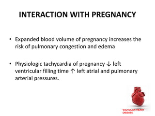 VALVULAR HEART
DISEASE
INTERACTION WITH PREGNANCY
• Expanded blood volume of pregnancy increases the
risk of pulmonary congestion and edema
• Physiologic tachycardia of pregnancy ↓ left
ventricular filling time ↑ left atrial and pulmonary
arterial pressures.
 
