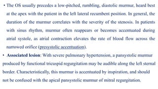 • The OS usually precedes a low-pitched, rumbling, diastolic murmur, heard best
at the apex with the patient in the left lateral recumbent position. In general, the
duration of the murmur correlates with the severity of the stenosis. In patients
with sinus rhythm, murmur often reappears or becomes accentuated during
atrial systole, as atrial contraction elevates the rate of blood flow across the
narrowed orifice (presystolic accentuation).
• Associated lesion: With severe pulmonary hypertension, a pansystolic murmur
produced by functional tricuspid regurgitation may be audible along the left sternal
border. Characteristically, this murmur is accentuated by inspiration, and should
not be confused with the apical pansystolic murmur of mitral regurgitation.
 