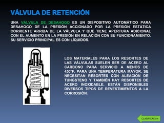 UNA  VÁLVULA DE DESAHOGO   ES UN DISPOSITIVO AUTOMÁTICO PARA DESAHOGO DE LA PRESIÓN ACCIONADO POR LA PRESIÓN ESTÁTICA CORRIENTE ARRIBA DE LA VÁLVULA Y QUE TIENE APERTURA ADICIONAL CON EL AUMENTO EN LA PRESIÓN EN RELACIÓN CON SU FUNCIONAMIENTO. SU SERVICIO PRINCIPAL ES CON LÍQUIDOS. LOS MATERIALES PARA LOS RESORTES DE LAS VÁLVULAS SUELEN SER DE ACERO AL CARBONO PARA SERVICIO A MENOS DE 450°F. PARA UNA TEMPERATURA MAYOR, SE NECESITAN RESORTES CON ALEACIÓN DE TUNGSTENO Y TAMBIÉN HAY RESORTES DE ACERO INOXIDABLE. ESTÁN DISPONIBLES DIVERSOS TIPOS DE REVESTIMIENTOS A LA CORROSIÓN. CLASIFICA CIÓN 