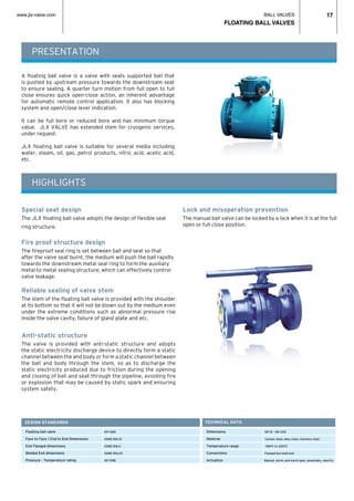BALL VALVES
FLOATING BALL VALVES
17www.jlx-valve.com
Special seat design
The JLX floating ball valve adopts the design of flexible seal
ring structure.
Fire proof structure design
The fireproof seal ring is set between ball and seat so that
after the valve seat burnt, the medium will push the ball rapidly
towards the downstream metal seal ring to form the auxiliary
metal to metal sealing structure, which can effectively control
valve leakage.
Reliable sealing of valve stem
The stem of the floating ball valve is provided with the shoulder
at its bottom so that it will not be blown out by the medium even
under the extreme conditions such as abnormal pressure rise
inside the valve cavity, failure of gland plate and etc.
Anti-static structure
The valve is provided with anti-static structure and adopts
the static electricity discharge device to directly form a static
channel between the and body or form a static channel between
the ball and body through the stem, so as to discharge the
static electricity produced due to friction during the opening
and closing of ball and seat through the pipeline, avoiding fire
or explosion that may be caused by static spark and ensuring
system safety.
Lock and misoperation prevention
The manual ball valve can be locked by a lock when it is at the full
open or full close position.
DESIGN STANDARDS
	 Floating ball valve 	 API 608
	 Face to Face / End to End Dimensions	 ASME B16.10					
	 End Flanged dimensions	 ASME B16.5					
	 Welded End dimensions 	 ASME B16.25
	 Pressure - Temperature rating	 API 598				
PRESENTATION
HIGHLIGHTS
A floating ball valve is a valve with seats supported ball that
is pushed by upstream pressure towards the downstream seat
to ensure sealing. A quarter turn motion from full open to full
close ensures quick open-close action, an inherent advantage
for automatic remote control application. It also has blocking
system and open/close lever indication.
It can be full bore or reduced bore and has minimum torque
value. JLX VALVE has extended stem for cryogenic services,
under request.
JLX floating ball valve is suitable for several media including
water, steam, oil, gas, petrol products, nitric acid, acetic acid,
etc.
TECHNICAL DATA
	 Dimensions ND 15 - ND 200
	 Material Carbon steel, alloy steel, stainless steel
	 Temperature range -196ºC to 220ºC
	 Connections Flanged but weld end
	 Actuation Manual, worm, and worm gear, pneumatic, electric
 