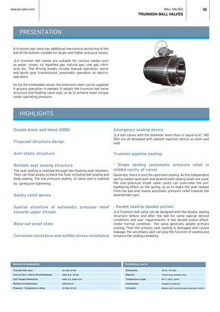 BALL VALVES
TRUNNION BALL VALVES
www.jlx-valve.com 35
Double block and bleed (DBB)
Fireproof structure design
Anti-static structure
Reliable seat sealing structure
The seat sealing is realized through two floating seat retainers.
They can float axially to block the fluid, including ball sealing and
body sealing. The low pressure sealing of valve seat is realized
by spring pre-tightening.
Safety relief device
Special structure of automatic pressure relief
towards upper stream
Blow-out proof stem
Corrosion resistance and sulfide stress resistance
Emergency sealing device
JLX ball valves with the diameter more than or equal to 6” (ND
150) are all designed with sealant injection device on stem and
seat.
Trunnion pipeline sealing:
· Single sealing (automatic pressure relief in
middle cavity of valve)
Generally, there is only the upstream sealing. As the independent
spring loaded upstream and downstream sealing seats are used,
the over-pressure inside valve cavity can overcome the pre-
tightening effect on the spring, so as to make the seat release
from the ball and realize automatic pressure relief towards the
downstream part.
· Double sealing (double piston)
JLX trunnion ball valve can be designed with the double sealing
structure before and after the ball for some special service
conditions and user requirements. It has double piston effect.
Under normal condition, the valve generally adopts primary
sealing. Then the primary seat sealing is damaged and causes
leakage, the secondary seat can play the function of sealing and
enhance the sealing reliability.
PRESENTATION
HIGHLIGHTS
A trunnion ball valve has additional mechanical anchoring of the
ball at the bottom suitable for larger and higher pressure valves.
JLX trunnion ball valves are suitable for various media such
as water, steam, oil, liquefied gas, natural gas, coal gas, nitric
acid, etc. The driving modes include manual operation, worm
and worm gear transmission, pneumatic operation an electric
operation.
As for the embedded valves, the extension stem can be supplied
if ground operation is needed. It adopts the trunnion ball valve
structure and floating valve seat, so as to achieve lower torque
under operating pressure.
DESIGN STANDARDS
	 Trunnion ball valve	 API 608, API 6D
	 Face to Face / End to End Dimensions	 ASME 16.10, API 6D				
	 End Flanged dimensions	 ASME 16.5, ASME 16.47				
	 Welded End dimensions 	 ASME B16.25
	 Pressure - Temperature rating	 API 598, API 6D				
TECHNICAL DATA
	 Dimensions ND 50 - ND 1400
	 Material Carbon steel, stainless steel
	 Temperature range 80 ºC, 120ºC, 250ºC
	 Connections Flanged but weld end
	 Actuation Manual, worm, and worm gear, pneumatic, electric
 