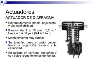 Actuadores
ACTUADOR DE DIAFRAGMA
 Extremadamente simple, bajo costo
y alta confiabilidad.
 Rangos de 3 a 15 psi (0,2 a 1
bar), o 6 a 30 psi (0,4 a 2 bar).
 Mantenimiento muy simple.
 Su tamaño, peso y costo crecen
fuera de proporción respecto a la
capacidad.
 Se utilizan en válvulas pequeñas y
con bajos requerimientos de fuerza.
 