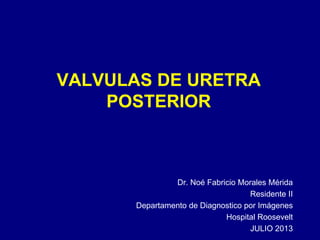VALVULAS DE URETRA
POSTERIOR
Dr. Noé Fabricio Morales Mérida
Residente II
Departamento de Diagnostico por Imágenes
Hospital Roosevelt
JULIO 2013
 