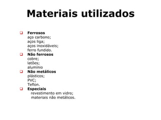 Materiais utilizados
Ferrosos
aço carbono;
aços liga;
aços inoxidáveis;
ferro fundido.
Não ferrosos
cobre;
latões;
alumínio
Não metálicos
plásticos;
PVC;
Teflon.
Especiais
revestimento em vidro;
materiais não metálicos.
 