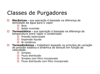 Classes de Purgadores
Mecânicos - sua operação é baseada na diferença de
densidade da água para o vapor
Boia
Balde invertido
Termostático - sua operação é baseada na diferença de
temperatura entre vapor e condensado
Pressão balanceada
Expansão líquida
Bi metálicos
Termodinâmico - trabalham baseado no princípio de variação
de pressão estática e dinâmica de beroulli em função da
velocidade.
Simples
Fluxo distribuído
Simples com filtro incorporado
Fluxo distribuído com filtro incorporado
 