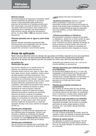 As famílias são:
Válvula para uso geral
São válvulas utilizadas em um grande número de
sistemas e em diferentes áreas industriais que
empregam fluidos comuns como: água, ar, vapor, óleos
leves, gases neutros, fluidos criogênicos, desde o vácuo
até altas pressões e elevadas temperaturas. Como
exemplos de aplicação, podemos mencionar: bombas
automáticas de combustíveis, bebidas, irrigação de
parques programada por setores, áreas de cultivo, fontes
de águas dançantes, equipamentos para solda a
oxiacetileno, solda elétrica sob atmosfera inerte, sistemas
contra incêndio, medidores de líquidos ou gases,
reguladores de níveis de líquidos, máquinas
engarrafadoras, sistemas de tratamento de água,
expulsores pneumáticos, lavadoras de automóveis,
máquinas de limpeza, processo de niquelação,
máquinas de elaboração de café, sistemas anti-roubo ou
seleção de combustíveis em automóveis, sistemas de
calefação por: ar, água quente, vapor, óleos quentes,
sistemas criogênicos de laboratórios ou industriais,
regulagem de baixo e alto vácuo, sistemas de secagem
de tinta, etc.
Válvulas para refrigeração
Empregadas no controle de fluidos refrigerantes nos
seus diferentes graus de agregação. Portanto, suas
conexões e materiais de construção são dirigidos
exclusivamente aos sistemas de refrigeração comercial
ou industrial. Em nosso Manual do Frio, apresentamos a
informação necessária sobre esse tipo de válvula.
Válvulas para combustíveis
Aqui se encontram as utilizadas para a automação, além
das empregadas para segurança de equipamentos de
combustão para caldeiras, fornos, etc., e de uso na
indústria petrolífera ou petroquímica.
Válvulas direcionais para sistemas pneumáticos
e/ou hidráulicos
As válvulas desta categoria são de 3, 4 e 5 vias, são
empregadas no direcionamento do fluxo para operar
cilindros de simples ou duplo efeito. Também são
utilizadas para o ingresso alternativo de dois fluidos em
um mesmo circuito (convergência), ou a derivação
alternativa de um fluido para dois circuitos
(divergência).
Válvulas para produtos corrosivos ou
contamináveis
Nos modelos de válvulas deste tipo são utilizados
materiais plásticos compatíveis com o fluido, isolando
os materiais internos que não podem ser substituídos,
como o núcleo fixo e o núcleo móvel, evitando desta
forma a sua corrosão ou a contaminação do fluido.
Válvulas de ação pneumática e/ou hidráulica
São utilizadas quando, pelo seu tamanho, pressão,
temperatura de trabalho, tipo de fluido ou condições
particulares de serviço (áreas explosivas, fluidos
corrosivos, etc.), não existem válvulas solenóides
adequadas.
Válvulas para filtro de manga
Por suas condições específicas de formato, tempo de
resposta e vazão, são utilizadas na limpeza das mangas
através de pulsos periódicos de ar sob pressão.
Válvulas de rearme manual
São aplicadas nos sistemas de segurança “shut-off”,
por limite de temperatura, pressão, falta de chama,
nível, etc. De ampla utilização na indústria petrolífera e
em combustão.
A-3
Áreas de aplicação
Neste manual as diferentes séries de válvulas são agrupadas por famílias, segundo os seus usos específicos
comuns ou por cobrir uma área industrial determinada, com requerimentos e parâmetros particulares.
Esta forma de agrupar não significa que elas não possam ter outros usos, além dos assinalados aqui.
Válvulas
solenóides
Rearme manual
Em muitos sistemas de segurança é necessário utilizar
válvulas solenóides de reposição ou de rearme
manual. A ação automática (pela ausência ou
presença de sinal elétrico) é realizada somente para
fixar uma posição, que pode ser aberta ou fechada;
não pode mudar de uma para a outra, exceto com a
intervenção de um operador, que deverá efetuar a
ação de forma manual, através de uma alavanca
ad hoc. As séries 1332 e 1369 são exemplos desses
dispositivos.
Válvulas operadas com ar, água ou outro fluido
auxiliar
Não são válvulas solenóides propriamente ditas,
embora possam ser consideradas como tal, quando
uma válvula solenóide piloto integrada ao
equipamento comandar o sinal do fluido auxiliar.
fabrica dois tipos de dispositivos:
•Atuadores pneumáticos: Substitui o atuador
elétrico (solenóide) e responde a um sinal
pneumático auxiliar para a mudança de posição da
válvula. Este atuador pode ser aplicado a muitas das
válvulas correspondentes às séries de solenóides.
Para mais detalhes, ver Série 1372 dispositivos
pneumáticos.
•Cilindros pneumáticos ou hidráulicos:
Este dispositivo é aplicado a válvulas do tipo globo
ou diafragma e, através de um fluido auxiliar (ar, água
ou outros), são utilizadas em válvulas de grande
porte. O tamanho do cilindro depende da pressão do
fluido principal e do fluido auxiliar, bem como do
tamanho da válvula. O sistema é completado por
uma válvula solenóide piloto integrada ao conjunto.
 