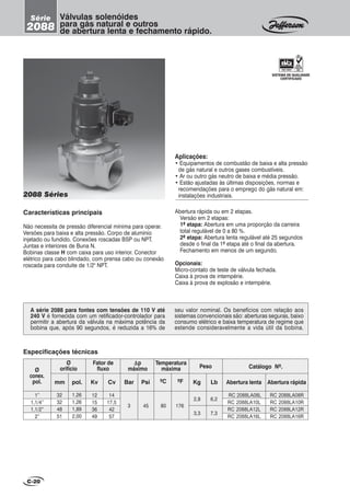 2088 Séries
Válvulas solenóides
para gás natural e outros
de abertura lenta e fechamento rápido.
C-20
SISTEMA DE QUALIDADE
CERTIFICADO
Aplicações:
• Equipamentos de combustão de baixa e alta pressão
de gás natural e outros gases combustíveis.
• Ar ou outro gás neutro de baixa e média pressão.
• Estão ajustadas às últimas disposições, normas e
recomendações para o emprego do gás natural em:
instalações industriais.
A série 2088 para fontes com tensões de 110 V até
240 V é fornecida com um retificador-controlador para
permitir a abertura da válvula na máxima potência da
bobina que, após 90 segundos, é reduzida a 16% de
seu valor nominal. Os benefícios com relação aos
sistemas convencionais são: aberturas seguras, baixo
consumo elétrico e baixa temperatura de regime que
estende consideravelmente a vida útil da bobina.
Série
2088
Abertura rápida ou em 2 etapas.
Versão em 2 etapas:
1ª etapa: Abertura em uma proporção da carreira
total regulável de 0 a 80 %.
2ª etapa: Abertura lenta regulável até 25 segundos
desde o final da 1ª etapa até o final da abertura.
Fechamento em menos de um segundo.
Opcionais:
Micro-contato de teste de válvula fechada.
Caixa à prova de intempérie.
Caixa à prova de explosão e intempérie.
Características principais
Não necessita de pressão diferencial mínima para operar.
Versões para baixa e alta pressão. Corpo de alumínio
injetado ou fundido. Conexões roscadas BSP ou NPT.
Juntas e interiores de Buna N.
Bobinas classe H com caixa para uso interior. Conector
elétrico para cabo blindado, com prensa cabo ou conexão
roscada para conduite de 1/2" NPT.
1”
1,1/4”
1,1/2”
2”
12
15
36
49
3 80
RC 2088LA08L
RC 2088LA10L
RC 2088LA12L
RC 2088LA16L
RC 2088LA08R
RC 2088LA10R
RC 2088LA12R
RC 2088LA16R
32
32
48
51
1,26
1,26
1,89
2,00
176
14
17,5
42
57
45
2,8
3,3
6,2
7,3
BarCvmm pol. Kv
Fator de
fluxo
Ø
orifício
Especificações técnicas
∆∆∆∆∆p
máximo
Psi
Temperatura
máxima
ºC ºF
Catálogo Nº.
Abertura lenta Abertura rápida
Ø
conex.
pol.
Peso
Kg Lb
 