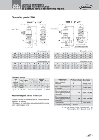 Dimensões gerais 2088
2088 1” y 1 1/4” 2088 1 1/2” y 2”
* Com Led - Tensões 5-240 V. - Corrente mínima 5 mA
Potência máxima 50 W. – Queda de tensão 3V.
C-21
Opcionais
Caixa à prova de
intempérie.
Caixa à prova de explosão
e intempérie.
Micro-contato de prova de
válvula fechada.(indicador
de posição)
Micro-contato de prova de
válvula fechada (indicador
de posição).*
Prefixo
Y
Z
ExemplosSufixo
Y2088LA08L
Z2088LA08L
-I4
T
2088LA08L-I2
2088LA08L-I4
-I2
Conexiones NPT. 2088LA08LT
Dimensões em mm
BøA D E F G H
R 1 1/2”
R 2”
C
110
110
236
236
46
46
95
95
146
146
99
99
139
139
BøA D E F G H
R 1”
R 1 1/4”
C
110
110
217
217
29
29
77
77
105
105
99
99
120
120
Dimensões em mm
BøA D E F G H
R 1”
R 1 1/4”
C
4,33
4,33
8,54
8,54
1,14
1,14
3,03
3,03
4,13
4,13
3,89
3,89
4,72
4,72
Dimensões em pol. Dimensões em pol.
BøA D E F G H
R 1 1/2”
R 2”
C
4,33
4,33
9,29
9,29
1,81
1,81
3,74
3,74
5,74
5,74
3,89
3,89
5,47
5,47
Válvulas solenóides
para gás natural e outros
de abertura lenta e fechamento rápido.
Série
2088
Luz indicadora de Bobina energizada Ver Bobinas.
Indicador deIndicador deIndicador deIndicador deIndicador de posiçãoposiçãoposiçãoposiçãoposição
Recomendações para a instalação
- Instalar um filtro na frente da válvula, com porosidade
inferior a 50 mícrons.
- Montagem: de preferência sobre tubulação horizontal,
com a bobina para cima.
1 - ( 1 1 0 , 12 0 , 2 20 , 240) V 2 - ( 2 4 , 1 1 0 , 1 2 0 , 2 2 0 ) V - (*) con RC
AC 50 Hz
AC 60 Hz
DC
VA (volt-amper)
S50HR
S50HR
S50HR
1
1
2
0
C 0
F
155
Dados da bobina
Tipo
de
corrente
TensõesCódigo Potência
W Arranque Sustentação
Temperatura
máxima
50 50 8(*) 311
 