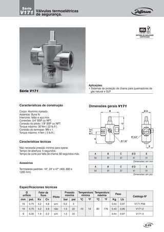 C-23
SISTEMA DE QUALIDADE
CERTIFICADO
Aplicações:
• Sistemas de proteção de chama para queimadores de
gás natural e GLP.Série V171
Características de construção
Corpo: Alumínio injetado.
Assentos: Buna N.
Interiores: latão e aço inox.
Conexões: 3/4" BSP ou NPT.
Conexão do piloto: 1/8" BSP ou NPT.
Torque máximo: 30 Nm ( 22 lb.ft ).
Conexão do termopar: M9 x 1.
Torque máximo: 4 Nm ( 3 lb.ft ).
Características técnicas
Não necessita pressão mínima para operar.
Tempo de abertura: 5 segundos.
Tempo de corte por falta de chama: 60 segundos máx.
Acessórios
Termopares padrões: 16", 24" e 47" (400, 600 e
1200 mm).
Especificaciones técnicas
19
19
9
Ø
orifício
mm pol. Kv Cv
Fator de
fluxo
0,2
1,5
1,5
3
22
22
psibar
Pressão
máxima
-10 14
0
F0
C
Temperatura
mínima
80 176
0
F0
C
Temperatura
máxima
LbKg
Peso
Catálogo N0
Piloto
V171 P06
V171-2
V171-3
sim
não
sim
0,75
0,75
0,35
4,2
4,2
1,9
4,9
4,9
2,2
0,44
0,43
0,44
0,97
0,95
0,97
Dimensões gerais V171
R 1/8”
A
R3/4”
B
C
Ø D
E
R 3/4”
Dimensões em mm
A B C
54 81 57
Ø D E
41 31
Dimensões em pol.
A B C
54 81 57
Ø D E
41 31
Válvulas termoelétricas
de segurança.
Série
V171
 