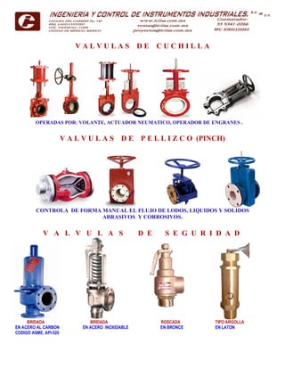 V A L V U L A S D E C U C H I L L A
OPERADAS POR: VOLANTE, ACTUADOR NEUMATICO, OPERADOR DE ENGRANES .
V A L V U L A S D E P E L L I Z C O (PINCH)
CONTROLA DE FORMA MANUAL EL FLUJO DE LODOS, LIQUIDOS Y SOLIDOS
ABRASIVOS Y CORROSIVOS.
V A L V U L A S D E S E G U R I D A D
BRIDADA BRIDADA ROSCADA TIPO ARGOLLA
EN ACERO AL CARBON EN ACERO INOXIDABLE EN BRONCE EN LATON
CODIGO ASME, API-520
 