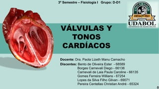 VÁLVULAS Y
TONOS
CARDÍACOS
Docente: Dra. Paola Lizeth Manu Camacho
Discentes: Bento de Oliveira Ester - 68589
Borges Carnevali Diego - 66136
Carnevali de Laia Paula Caroline - 66135
Gomes Ferreira Willians - 67254
Lopes da Silva Filho Gilvan - 69071
Pereira Centellas Christian André - 65324
3º Semestre – Fisiología I Grupo: D-D1
 