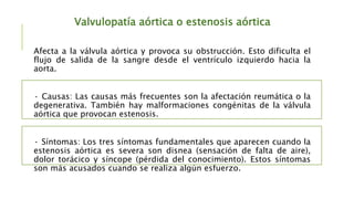 Valvulopatía aórtica o estenosis aórtica
Afecta a la válvula aórtica y provoca su obstrucción. Esto dificulta el
flujo de salida de la sangre desde el ventrículo izquierdo hacia la
aorta.
· Causas: Las causas más frecuentes son la afectación reumática o la
degenerativa. También hay malformaciones congénitas de la válvula
aórtica que provocan estenosis.
· Síntomas: Los tres síntomas fundamentales que aparecen cuando la
estenosis aórtica es severa son disnea (sensación de falta de aire),
dolor torácico y síncope (pérdida del conocimiento). Estos síntomas
son más acusados cuando se realiza algún esfuerzo.
 