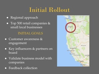 Initial Rollout
● Regional approach
● Top 500 retail companies &
small local businesses
INITIAL GOALS
● Customer awareness &
engagement
● Key influencers & partners on
board
● Validate business model with
companies
● Feedback collection
 