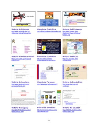 Historia de Colombia               Historia de Costa Rica                   Historia de El Salvador
http://www.uniandes.edu.co/        http://guiascostarica.com/historia.htm   http://www.cipotes.com/
Colombia/Historia/historia.html                                             Elsalvador/Espanol/historia/
                                                                            historia.asp




Historia de Estados Unidos         Historia de Guatemala                    Historia de México
http://usinfo.state.gov/espanol/   http://usuarios.lycos.es/                http://mx.geocities.com/
eua/hist.htm                       guatemalaonline/historia.htm             nahuiehekatl/




Historia de Honduras               Historia de Paraguay                     Historia de Puerto Rico
http://www.laprensahn.com/         http://www.asad.net/py/spanish/          http://alcazaba.unex.es/
generales/hondu.htm                                                         ~mtferrer/




Historia de Uruguay                Historia de Venezuela                    Historia del Ecuador
http://209.77.39.53/proyectos/     http://www.venezuelatuya.com/            http://192.188.53.69/ecuador/
cristel/historia.html              historia/index.htm                       historia/indice.htm




                                                    265
 