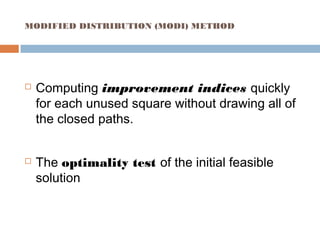 VAM and MODI Method in Solving Transportation Problems | PPT