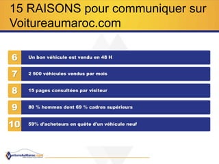 15 RAISONS pour communiquer sur
Voitureaumaroc.com
 