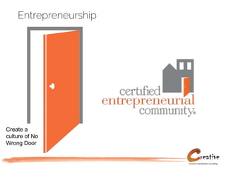 Entrepreneurship
Create a
culture of No
Wrong Door
 