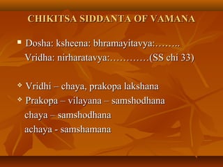 CHIKITSA SIDDANTA OF VAMANACHIKITSA SIDDANTA OF VAMANA
 Dosha: ksheena: bhramayitavya:……..Dosha: ksheena: bhramayitavya:……..
Vridha: nirharatavya:…………(SS chi 33)Vridha: nirharatavya:…………(SS chi 33)
 Vridhi – chaya, prakopa lakshanaVridhi – chaya, prakopa lakshana
 Prakopa – vilayana – samshodhanaPrakopa – vilayana – samshodhana
chaya – samshodhanachaya – samshodhana
achaya - samshamanaachaya - samshamana
 