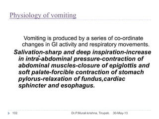 Physiology of vomiting
30-May-13Dr.P.Murali krishna, Tirupati.102
Vomiting is produced by a series of co-ordinate
changes ...