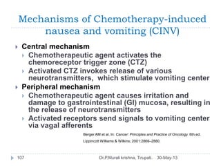 Mechanisms of Chemotherapy-induced
nausea and vomiting (CINV)
30-May-13Dr.P.Murali krishna, Tirupati.107
 Central mechani...