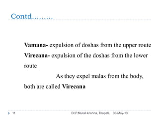 Contd………
30-May-13Dr.P.Murali krishna, Tirupati.11
Vamana- expulsion of doshas from the upper route
Virecana- expulsion of...