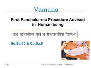 Vamana
30-May-13Dr.P.Murali krishna, Tirupati.12
First Panchakarma Procedure Advised
in Human being
Su.Sa.10 & Ca.Sa.8
 