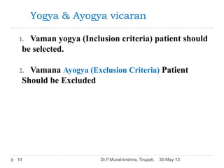 Yogya & Ayogya vicaran
30-May-13Dr.P.Murali krishna, Tirupati.14
1. Vaman yogya (Inclusion criteria) patient should
be sel...