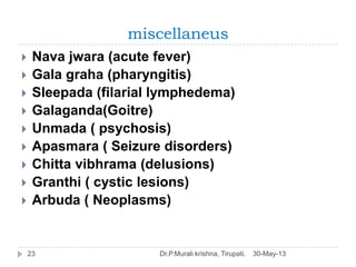 miscellaneus
30-May-13Dr.P.Murali krishna, Tirupati.23
 Nava jwara (acute fever)
 Gala graha (pharyngitis)
 Sleepada (f...