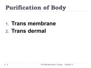 Purification of Body
30-May-13Dr.P.Murali krishna, Tirupati.5
1. Trans membrane
2. Trans dermal
 