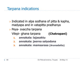 Tarpana indications
30-May-13Dr.P.Murali krishna, Tirupati.89
 Indicated in alpa sodhana of pitta & kapha,
madyapa and in...