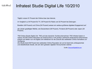 Infratest Studie Digital Life 10/2010

Täglich nutzen 61 Prozent der Online-User das Internet,

im Vergleich zu 54 Prozent...