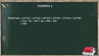 EXAMPLE 3
Total Cost = (11*13) + (4*23) + (6*17) + (3*18) + (7*27) + (12*18)
= 143 + 92 + 102 + 54 + 189 + 216
= 796
 