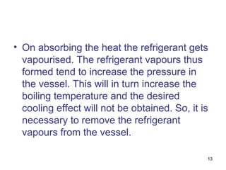 13
• On absorbing the heat the refrigerant gets
vapourised. The refrigerant vapours thus
formed tend to increase the pressure in
the vessel. This will in turn increase the
boiling temperature and the desired
cooling effect will not be obtained. So, it is
necessary to remove the refrigerant
vapours from the vessel.
 