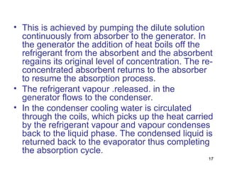 17
• This is achieved by pumping the dilute solution
continuously from absorber to the generator. In
the generator the addition of heat boils off the
refrigerant from the absorbent and the absorbent
regains its original level of concentration. The re-
concentrated absorbent returns to the absorber
to resume the absorption process.
• The refrigerant vapour .released. in the
generator flows to the condenser.
• In the condenser cooling water is circulated
through the coils, which picks up the heat carried
by the refrigerant vapour and vapour condenses
back to the liquid phase. The condensed liquid is
returned back to the evaporator thus completing
the absorption cycle.
 