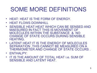 5
SOME MORE DEFINITIONS
• HEAT: HEAT IS THE FORM OF ENERGY.
• HEAT FLOWS DOWNHILL
• SENSIBLE HEAT:HEAT WHICH CAN BE SENSED AND
MAESURED IN FACT THIS IS MOVEMENT OF
MOLECULES WITHIN THE SUBSTANCE & NO
CHANGE OF STATE OCCURS DURING SENSIBLE
HEATING.
• LATENT HEAT:IT IS THE ENERGY OF MOLECULES
SEPARATION ,THIS CANNOT BE MEASURED ON A
THERMOMETER AND CHANGE OF STATE OCCURS .
• ENTHALPY:
• IT IS THE AMOUNT OF TOTAL HEAT i.e. SUM OF
SENSIBLE AND LATENT HEAT.
 
