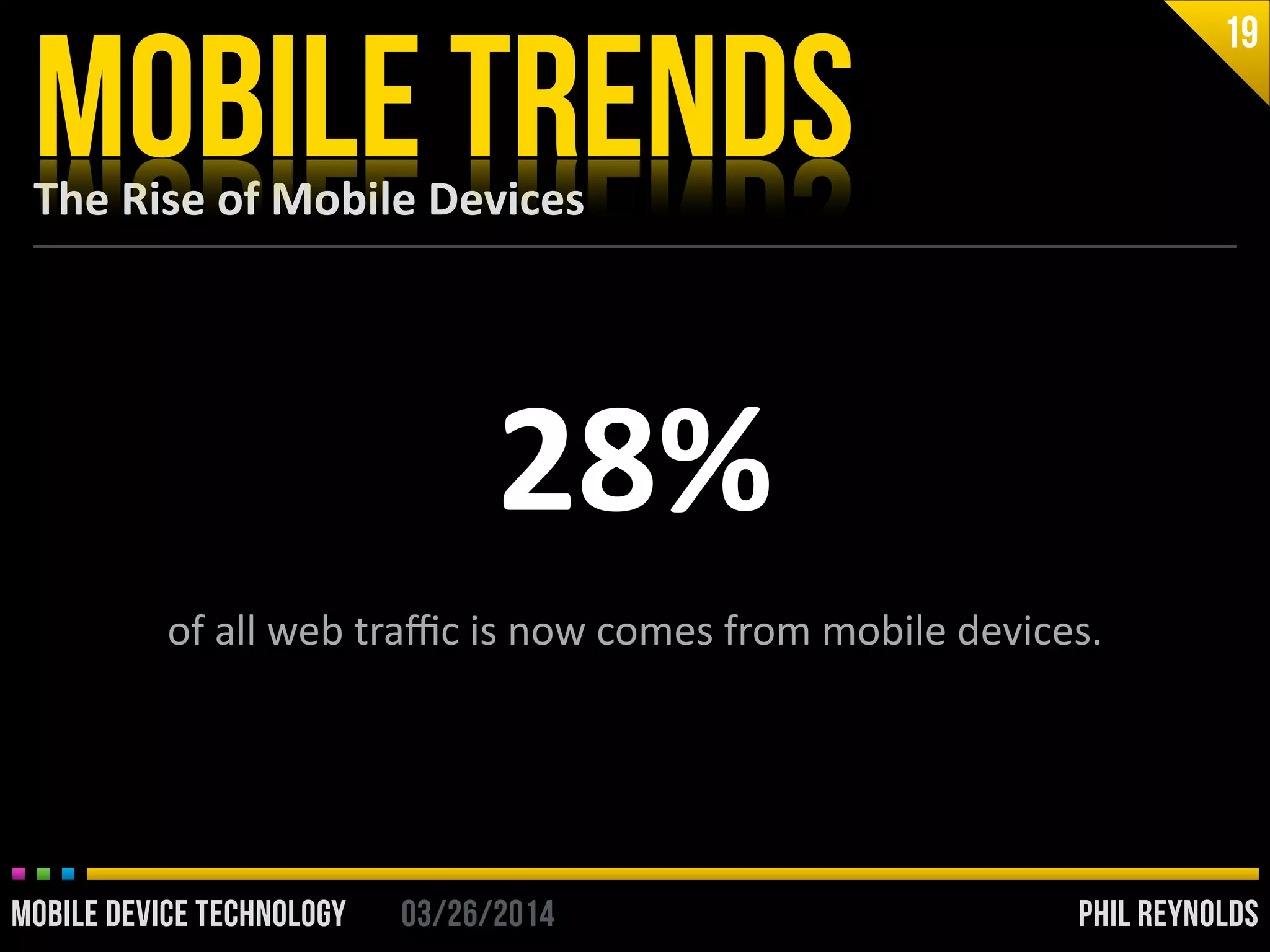 PHIL REYNOLDS03/26/2014MOBILE DEVICE TECHNOLOGY
The	
  Rise	
  of	
  Mobile	
  Devices
MOBILE TRENDS
19
PHIL REYNOLDS03/26/2014MOBILE DEVICE TECHNOLOGY
28%
of	
  all	
  web	
  traﬃc	
  is	
  now	
  comes	
  from	
  mobile	
  devices.
 
