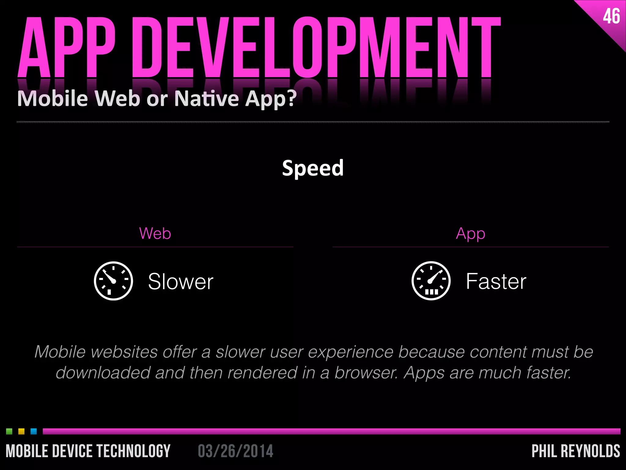 PHIL REYNOLDS03/26/2014MOBILE DEVICE TECHNOLOGY
Speed
Mobile	
  Web	
  or	
  Na2ve	
  App?
APP DEVELOPMENT
46
PHIL REYNOLDS03/26/2014MOBILE DEVICE TECHNOLOGY
Web App
Slower Faster
Mobile websites offer a slower user experience because content must be
downloaded and then rendered in a browser. Apps are much faster.
 