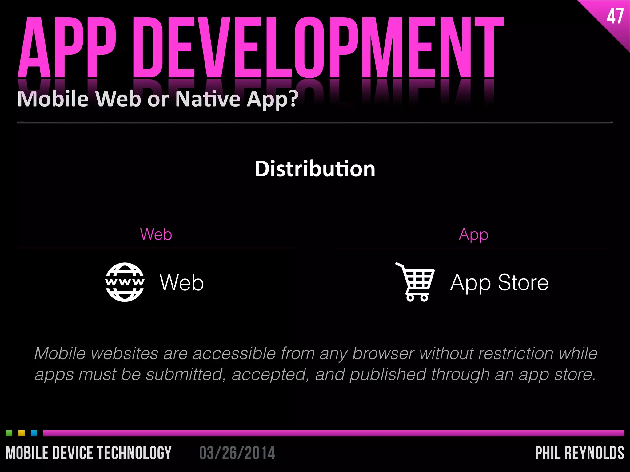 PHIL REYNOLDS03/26/2014MOBILE DEVICE TECHNOLOGY
Distribu2on
Mobile	
  Web	
  or	
  Na2ve	
  App?
APP DEVELOPMENT
47
PHIL REYNOLDS03/26/2014MOBILE DEVICE TECHNOLOGY
Web App
Web App Store
Mobile websites are accessible from any browser without restriction while
apps must be submitted, accepted, and published through an app store.
 