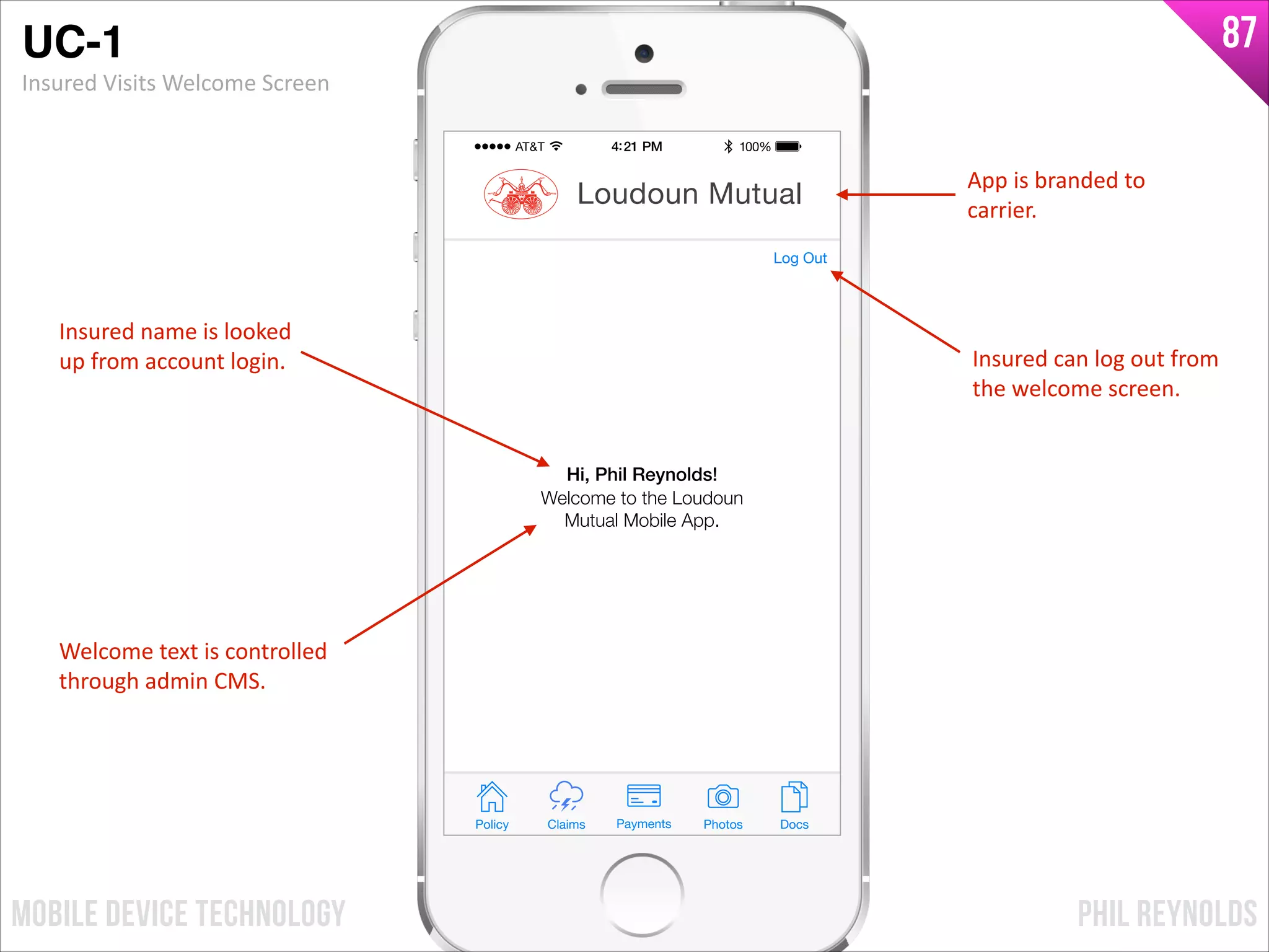 PHIL REYNOLDSMOBILE DEVICE TECHNOLOGY
87
Policy Claims PhotosPayments Docs
Loudoun Mutual
Welcome to the Loudoun
Mutual Mobile App.
Hi, Phil Reynolds!
Log Out
Insured	
  name	
  is	
  looked	
  
up	
  from	
  account	
  login.
Welcome	
  text	
  is	
  controlled	
  
through	
  admin	
  CMS.
Insured	
  can	
  log	
  out	
  from	
  
the	
  welcome	
  screen.
UC-1!
Insured	
  Visits	
  Welcome	
  Screen
App	
  is	
  branded	
  to	
  
carrier.
 