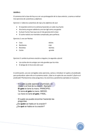 10
SESIÓN 2:
El comienzo de la clase de hoy va a ser una prolongación de la clase anterior, y vamos a realizar
tres ejercicios de sustantivos y adjetivos:
Ejercicio 1: rodea los sustantivos de rojo y los adjetivos de azul:
 El enjambre entró en la colmena haciendo un ruido muy fuerte
 Ana tenía una gran sabiduría y era tan ágil como una gacela
 Su buen humor hace que sea el más gracioso de la clase
 El coche realizó una maniobra complicada, pero perfecta.
Ejercicio 2: une con flechas:
 Casa -dulces
 Bombones -rojo
 Bicicletas -bonitas
 Coche -grande
Ejercicio 3: cambia la primera oración a singular y la segunda a plural:
 Los coches de mis amigos son más grandes que los míos
 El abrigo de mi tía es de color azul
A continuación, una vez corregidos estos ejercicios, vamos a introducir el sujeto y el predicado
para profundizar sobre ello en la próxima sesión. ¿Qué es el sujeto de una oración? ¿Qué es el
predicado? Plantearemos estas preguntas a los alumnos y pondremos ejemplos en la pizarra.
 