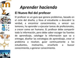Aprender haciendo
El Nuevo Rol del profesor
El profesor es un guía que genera problemas, basado en
el ciclo del diseño, y lleva al estudiante a descubrir la
verdad, a encontrar conocimientos, a vencer sus
temores, ha aprender a ejecutar tareas de profesionales,
a crecer como ser humano. EL profesor debe compartir
toda la información, pero debe saber escoger las fuentes
de aprendizaje, catalogar la información que va a
entregar, diseñar las estrategias de aprendizaje, crear el
problema a resolver, guiar continuamente a los
estudiantes, motivarlos, enseñarle a buscar
conocimiento, a generar conocimiento.
 